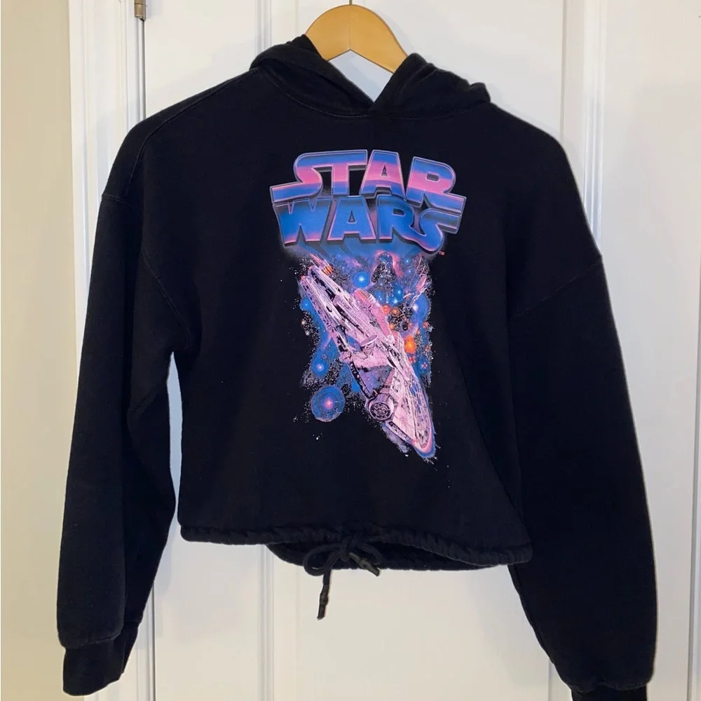 💙. Star Wars Black Graphic Cropped Hoodie With Drawstring Waist. - Picture 5 of 12